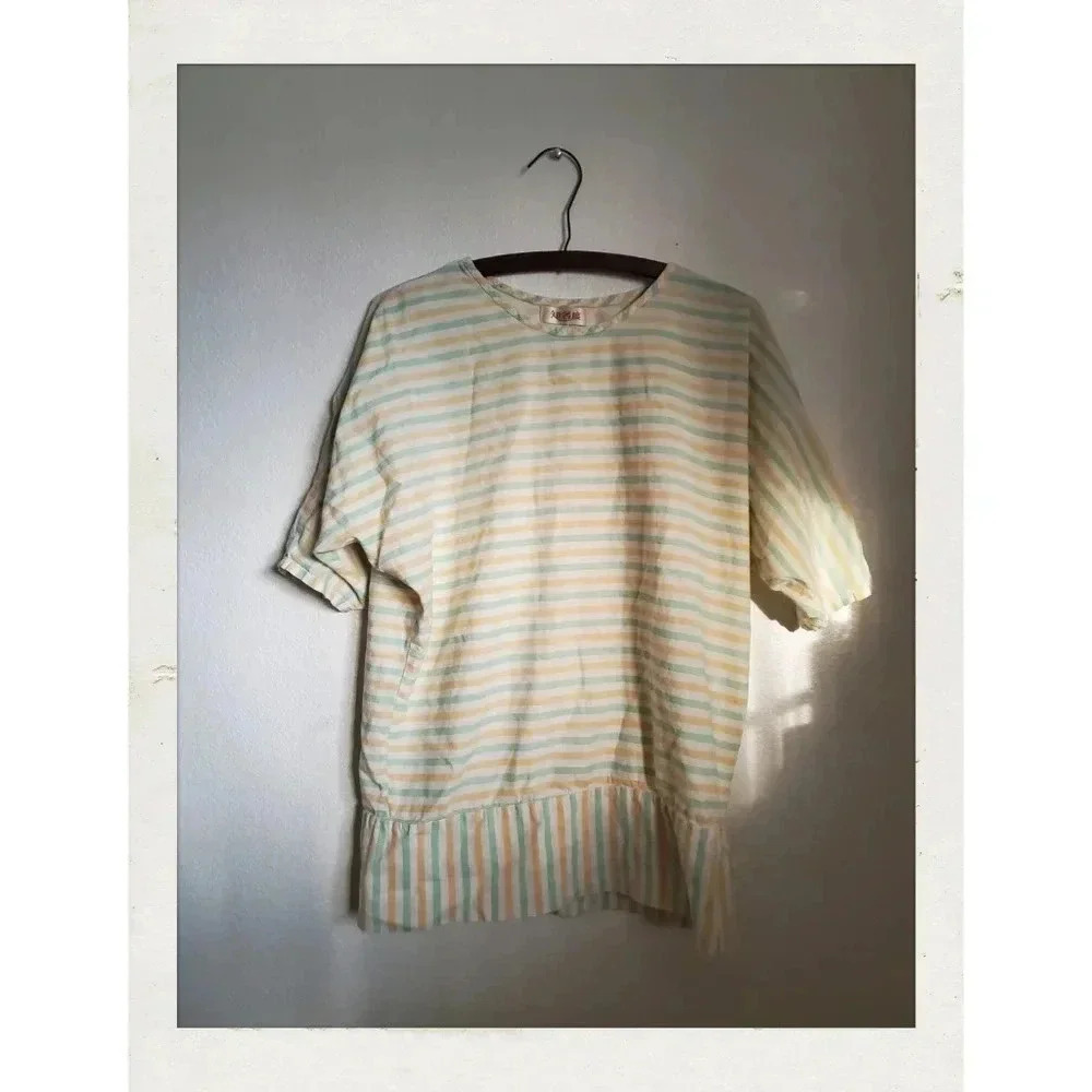 Vintage Yellow Pastel Stripes Y2K Shabby Chic Cottage Easter Oversize Top Shirt